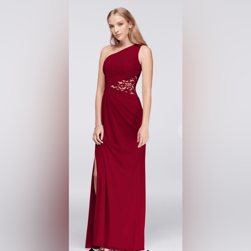 David’s Bridal Apple Red Lace Cut Out Dress
